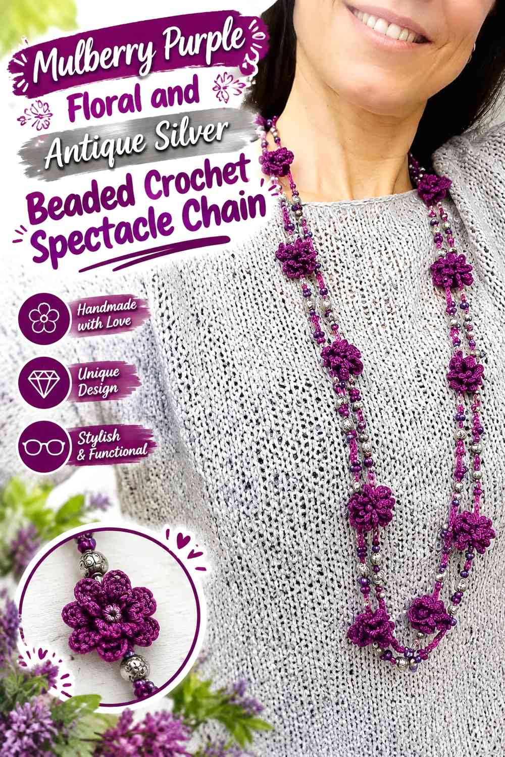 Mulberry Purple Floral and Antique Silver Beaded Crochet Spectacle Chain