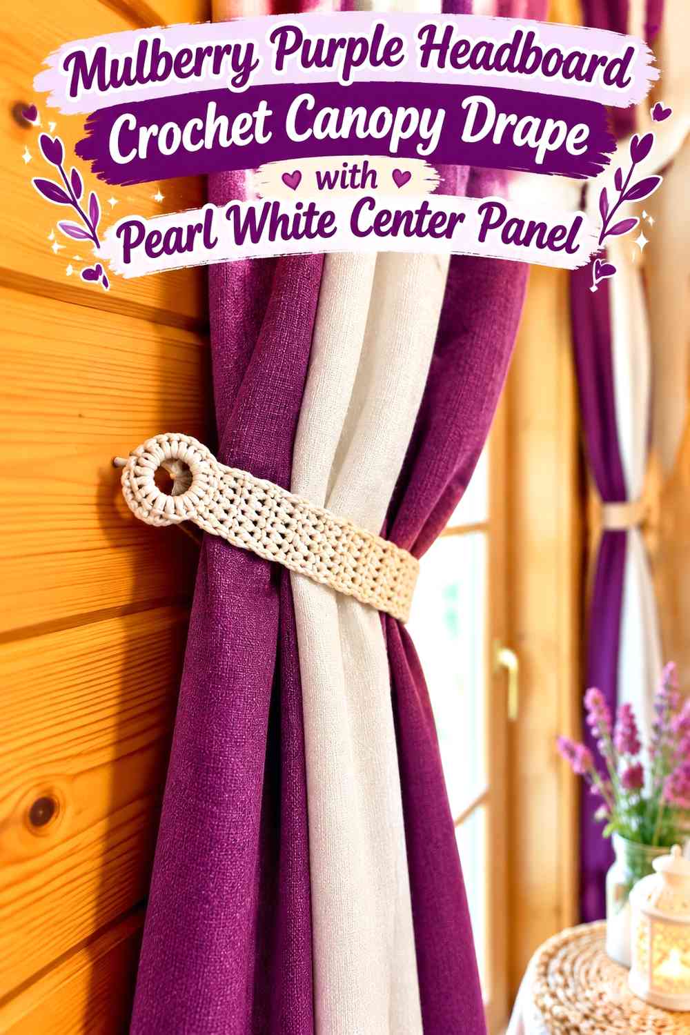 Mulberry Purple Headboard Crochet Canopy Drape with Pearl White Center Panel