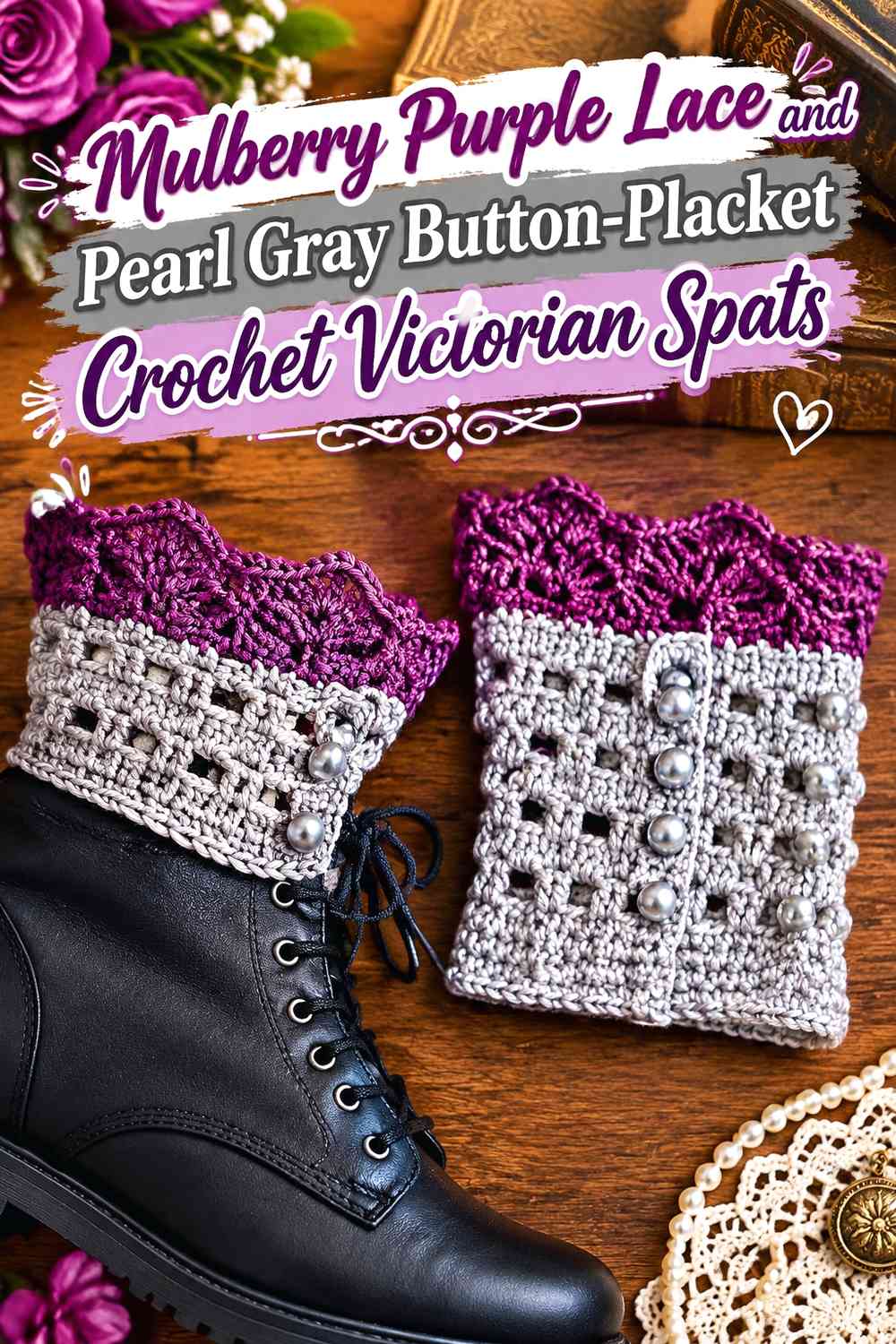 Mulberry Purple Lace and Pearl Gray Button-Placket Crochet Victorian Spats