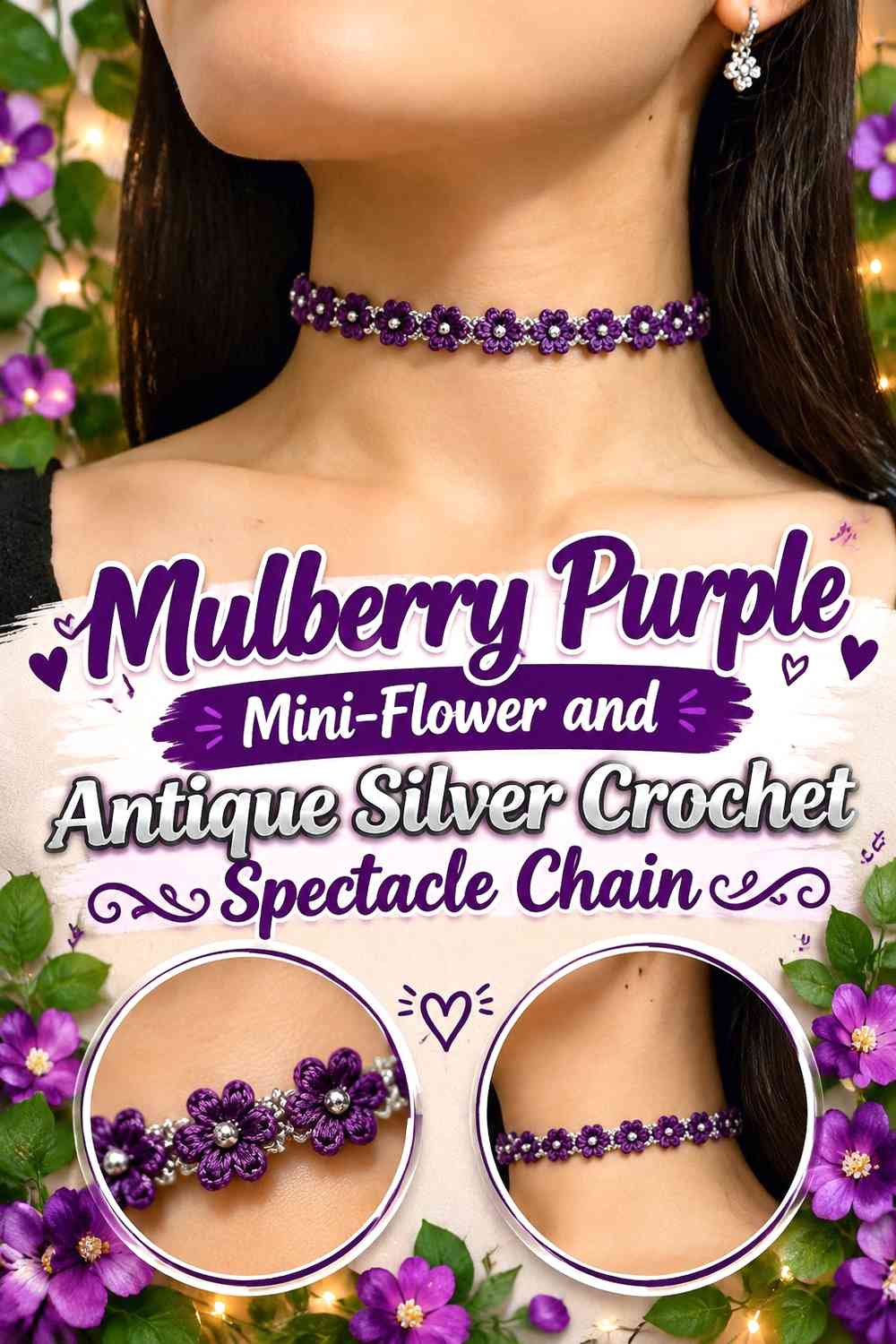 Mulberry Purple Mini-Flower and Antique Silver Crochet Spectacle Chain