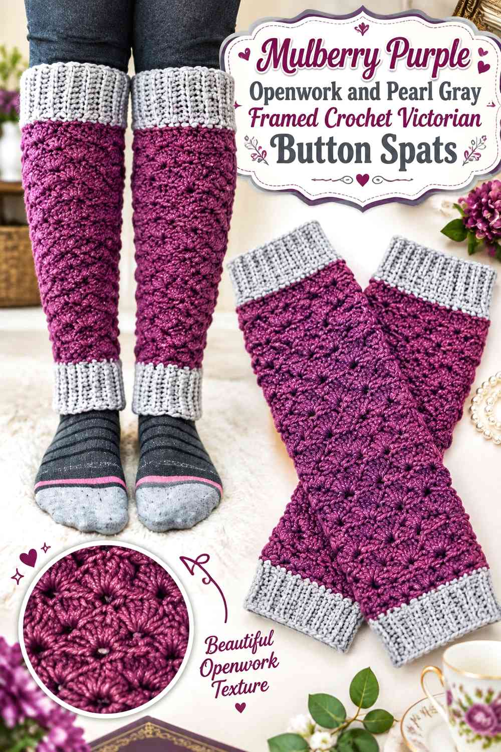 Mulberry Purple Openwork and Pearl Gray Framed Crochet Victorian Button Spats
