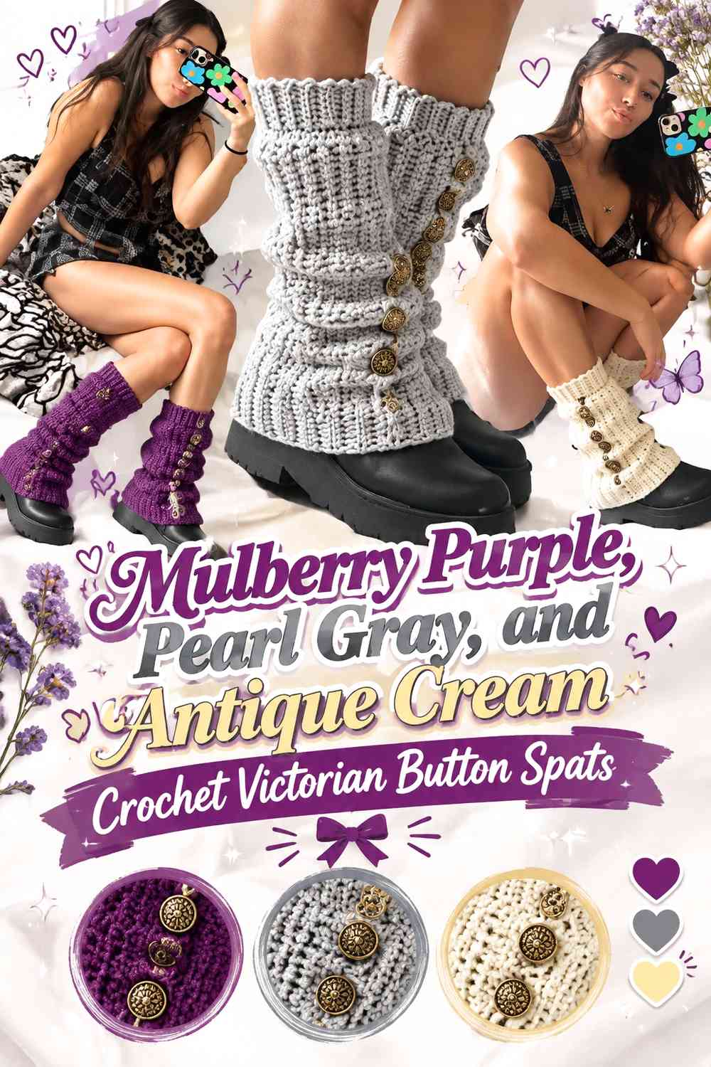 Mulberry Purple, Pearl Gray, and Antique Cream Crochet Victorian Button Spats