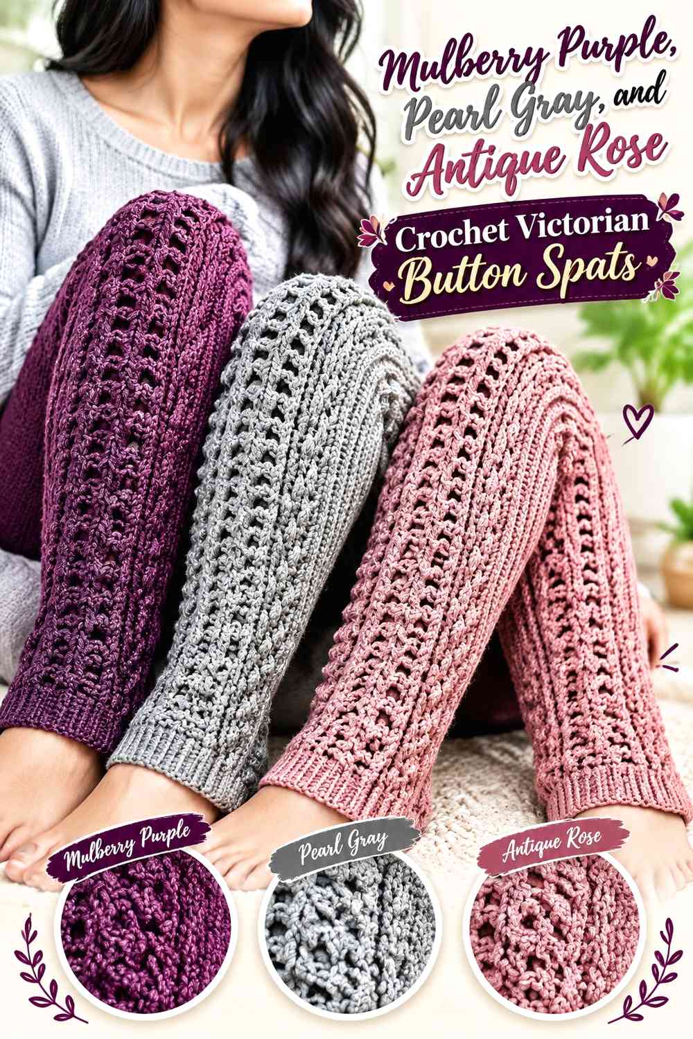 Mulberry Purple, Pearl Gray, and Antique Rose Crochet Victorian Button Spats