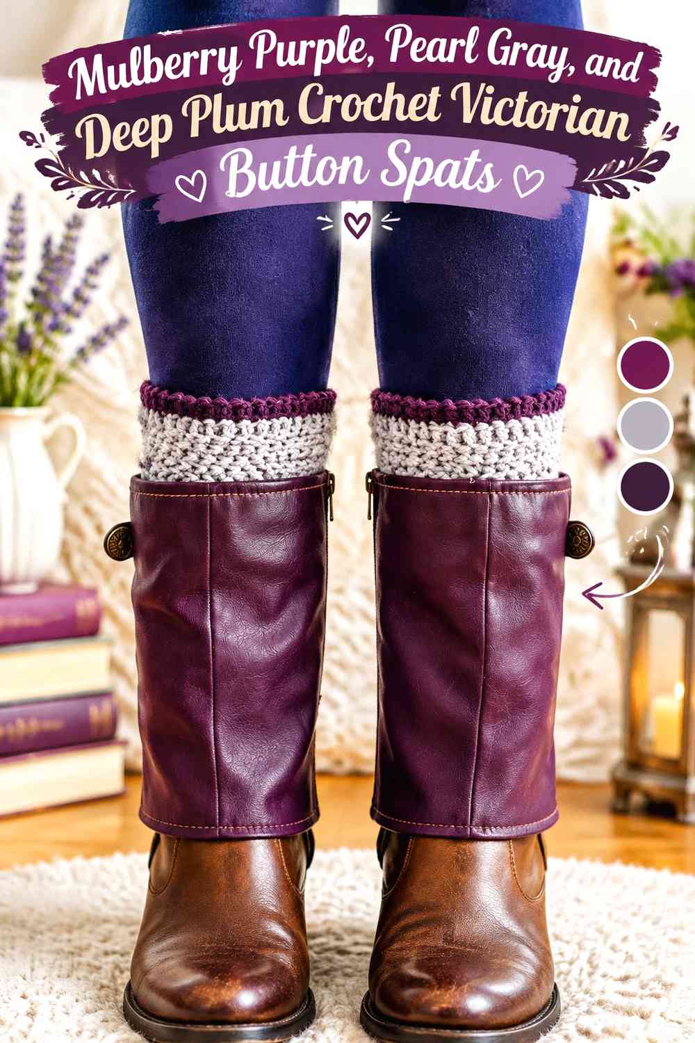 Mulberry Purple, Pearl Gray, and Deep Plum Crochet Victorian Button Spats