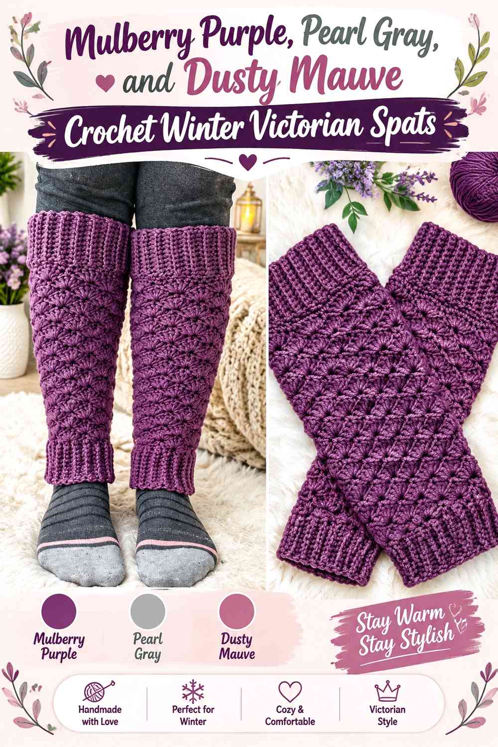 Mulberry Purple, Pearl Gray, and Dusty Mauve Crochet Winter Victorian Spats