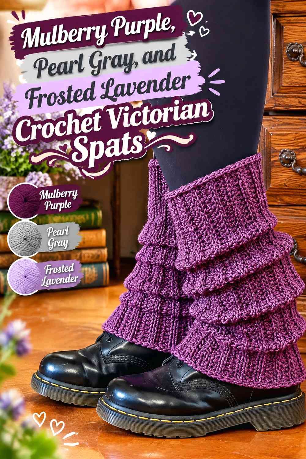 Mulberry Purple, Pearl Gray, and Frosted Lavender Crochet Victorian Spats