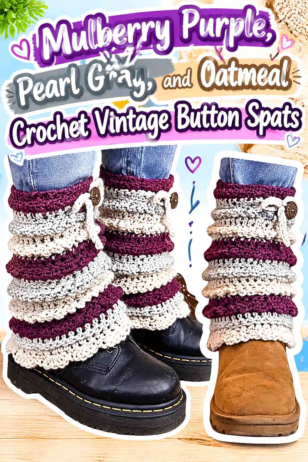 Mulberry Purple, Pearl Gray, and Oatmeal Crochet Vintage Button Spats