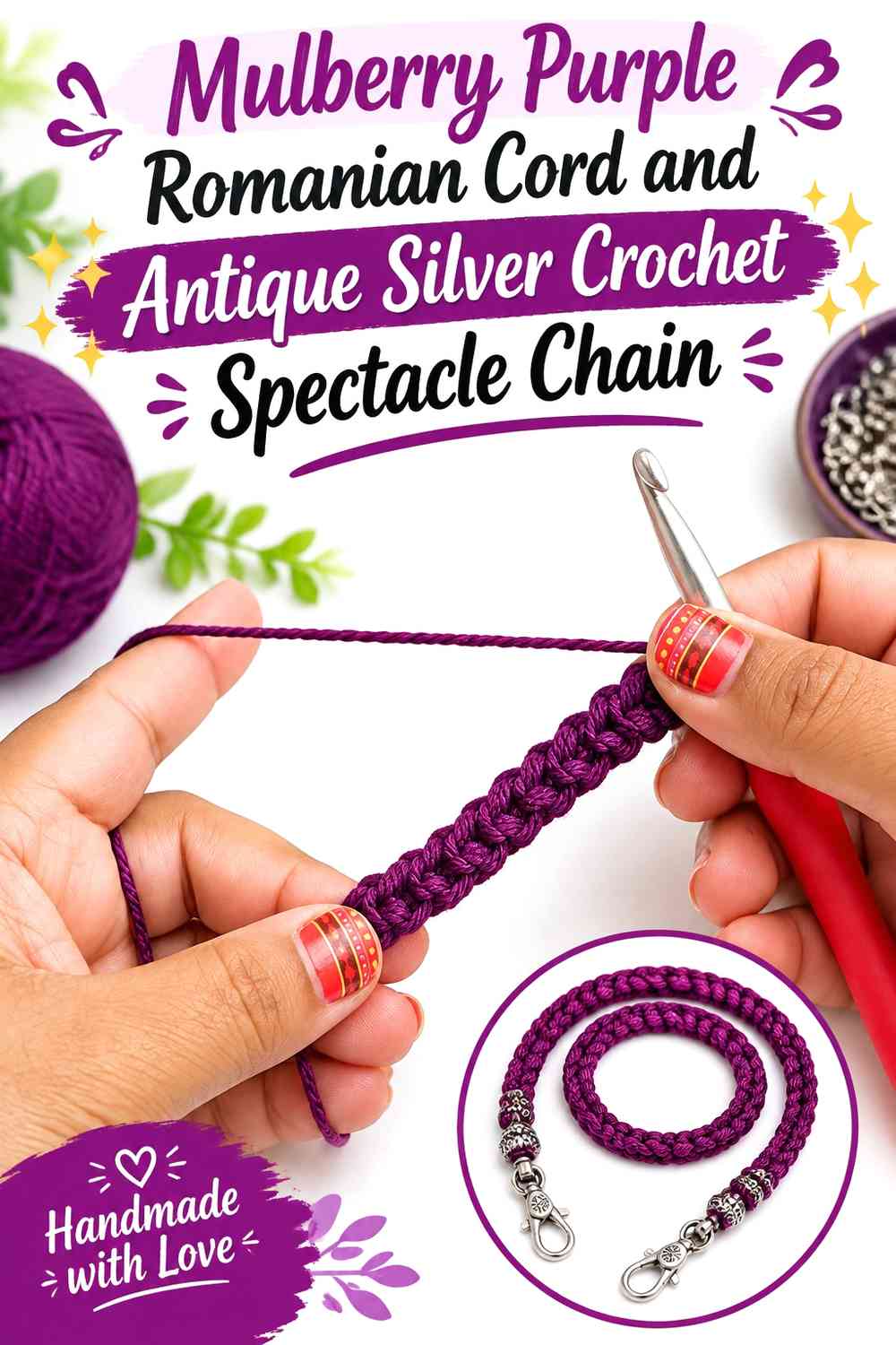 Mulberry Purple Romanian Cord and Antique Silver Crochet Spectacle Chain