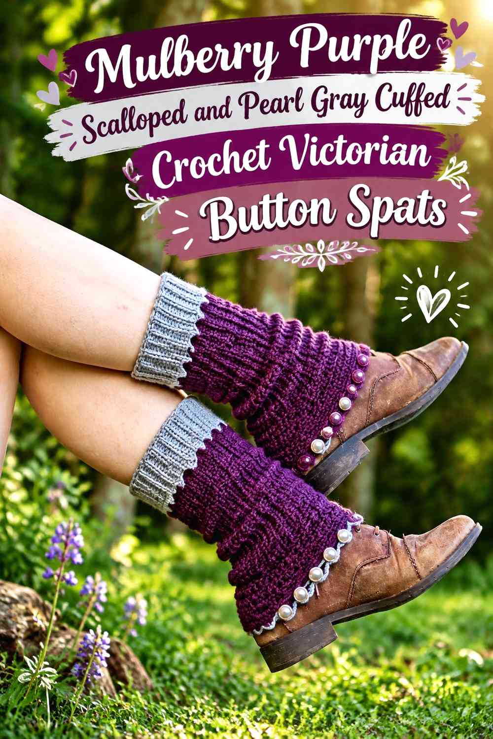 Mulberry Purple Scalloped and Pearl Gray Cuffed Crochet Victorian Button Spats