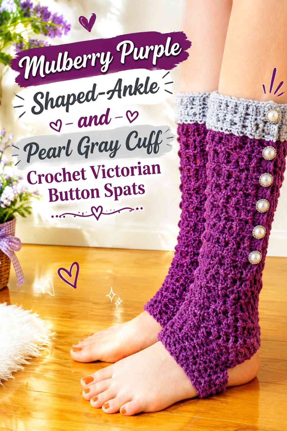 Mulberry Purple Shaped-Ankle and Pearl Gray Cuff Crochet Victorian Button Spats
