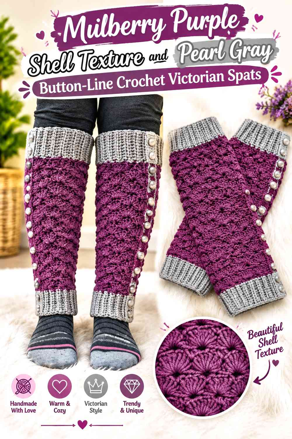 Mulberry Purple Shell Texture and Pearl Gray Button-Line Crochet Victorian Spats