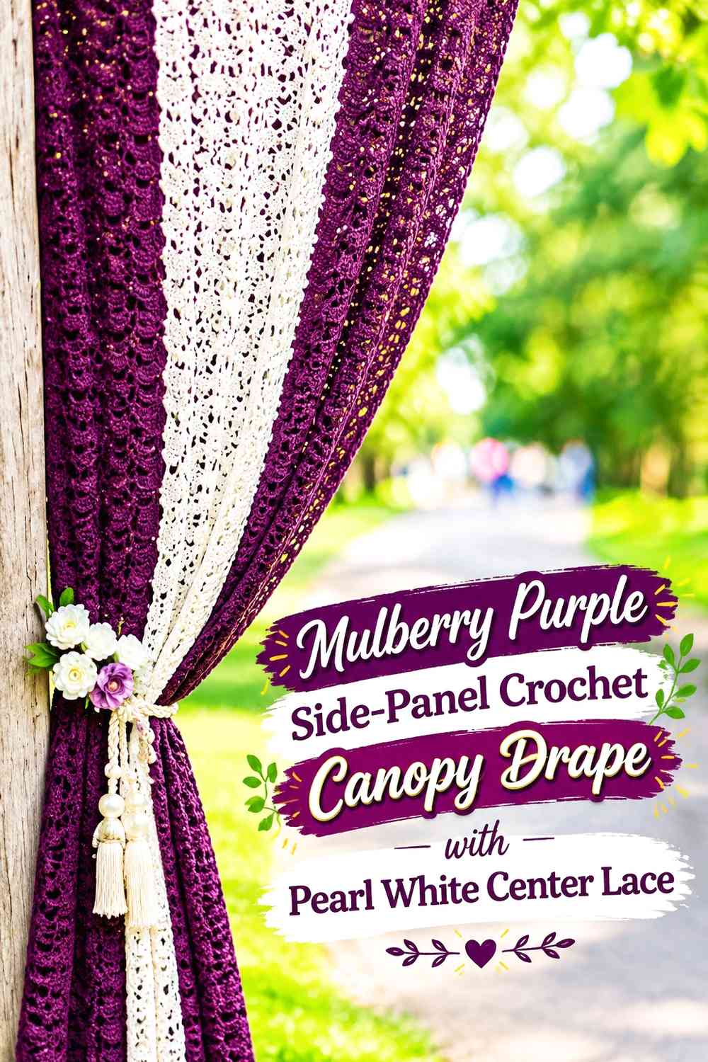 Mulberry Purple Side-Panel Crochet Canopy Drape with Pearl White Center Lace