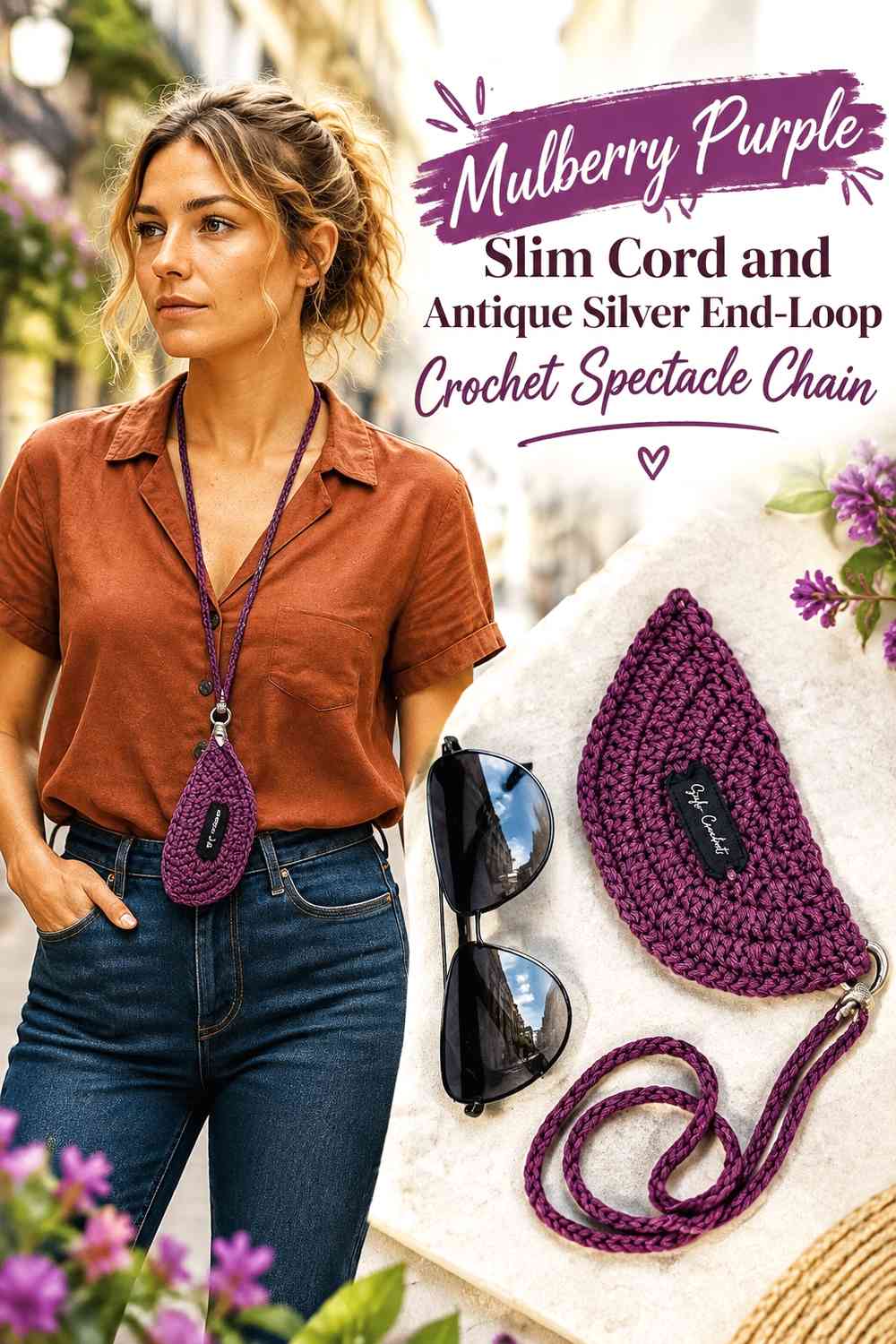 Mulberry Purple Slim Cord and Antique Silver End-Loop Crochet Spectacle Chain