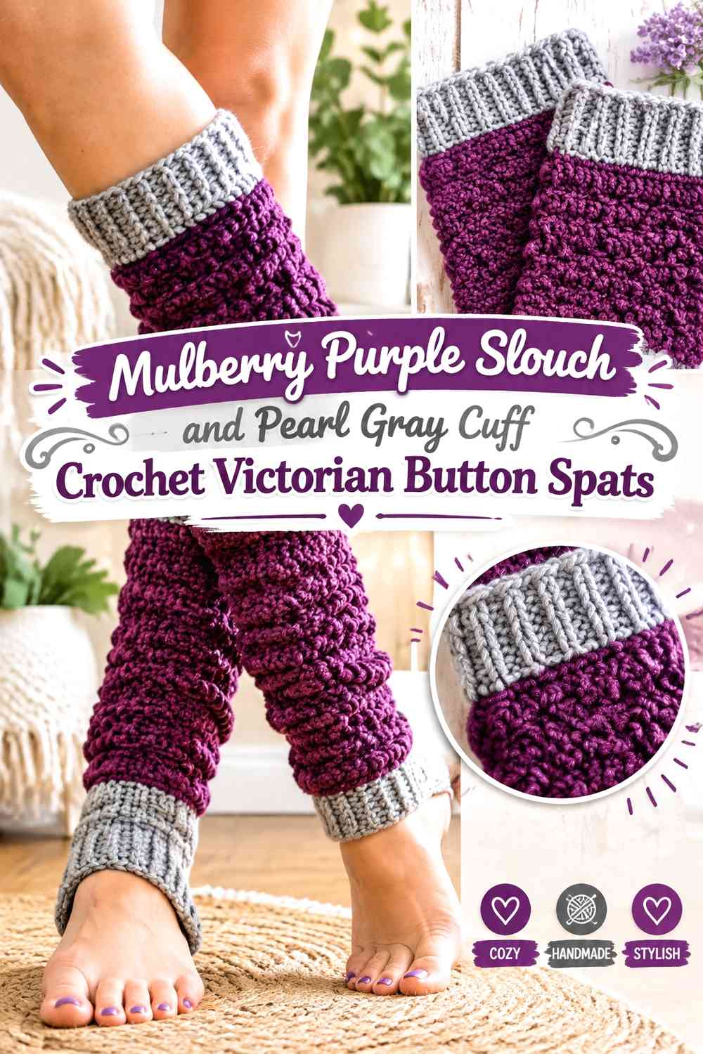 Mulberry Purple Slouch and Pearl Gray Cuff Crochet Victorian Button Spats