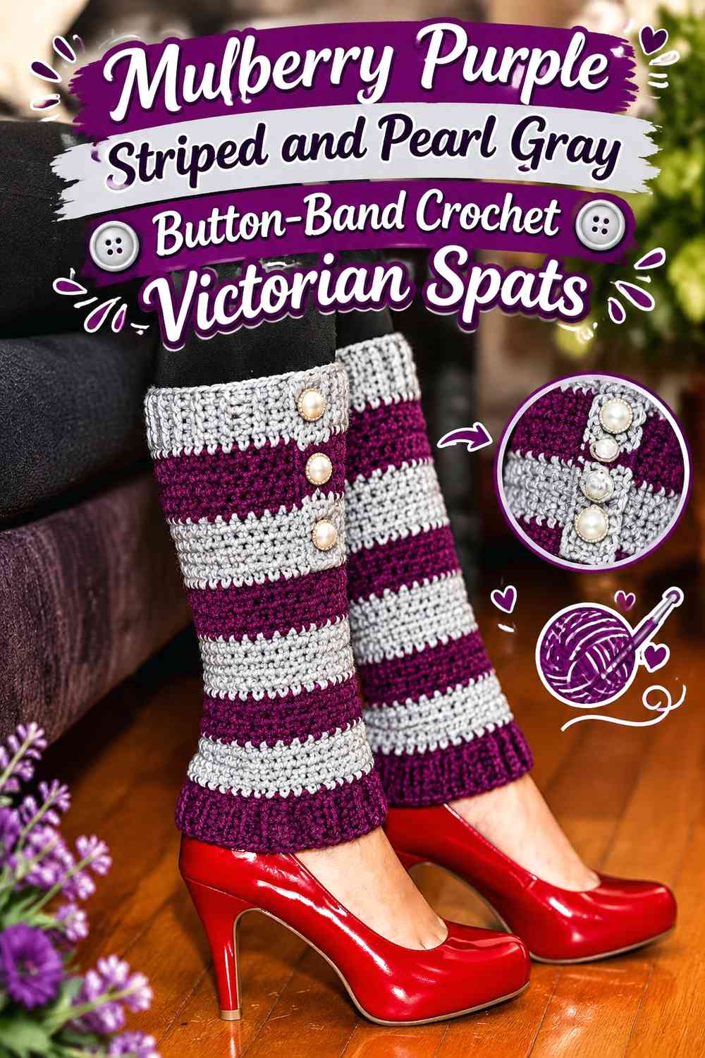 Mulberry Purple Striped and Pearl Gray Button-Band Crochet Victorian Spats