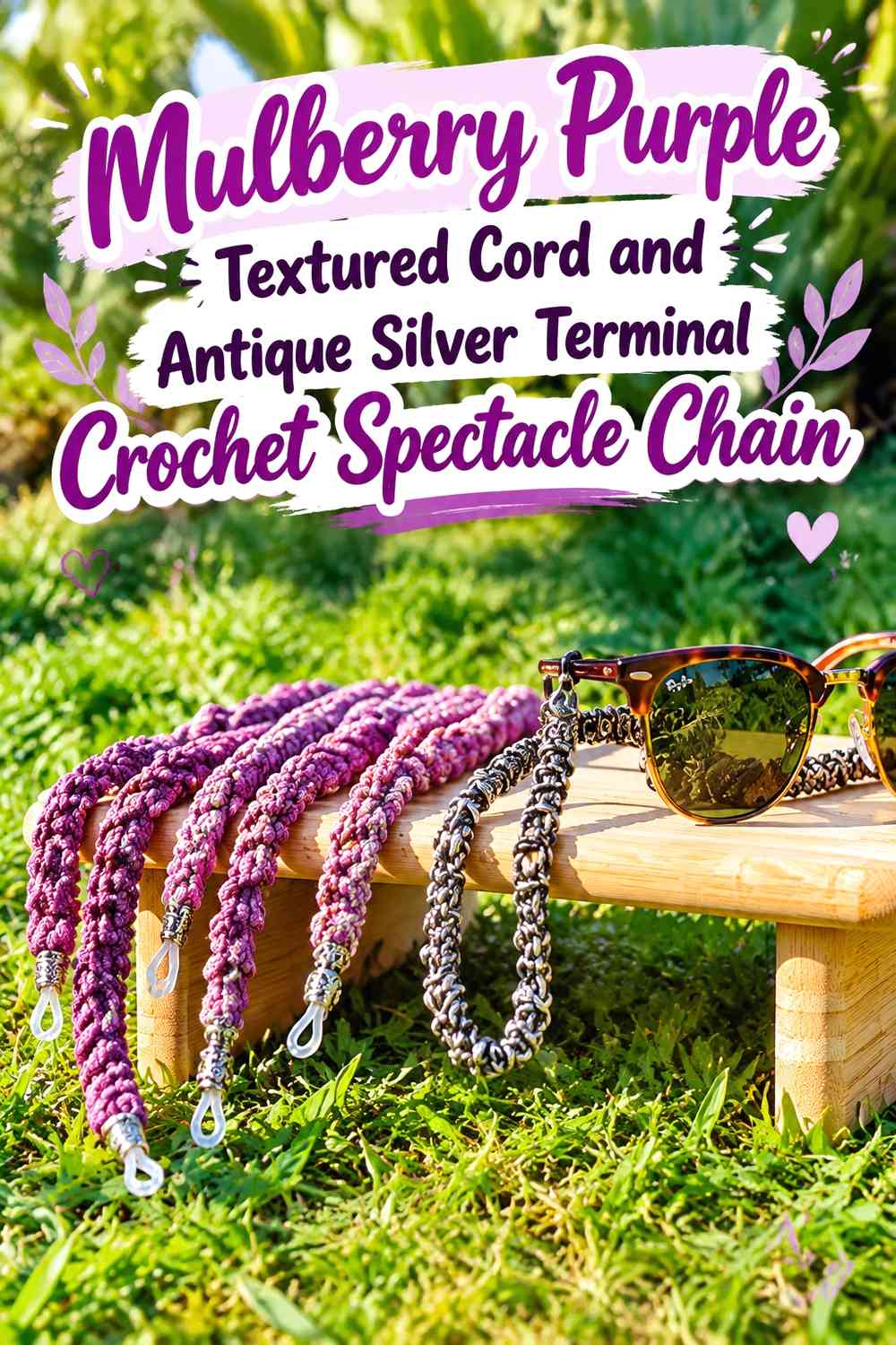Mulberry Purple Textured Cord and Antique Silver Terminal Crochet Spectacle Chain