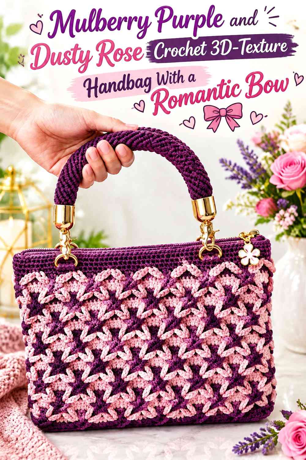 Mulberry Purple and Dusty Rose Crochet 3D-Texture Handbag With a Romantic Bow