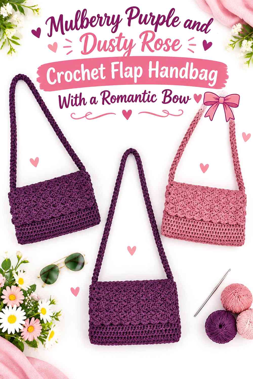 Mulberry Purple and Dusty Rose Crochet Flap Handbag With a Romantic Bow