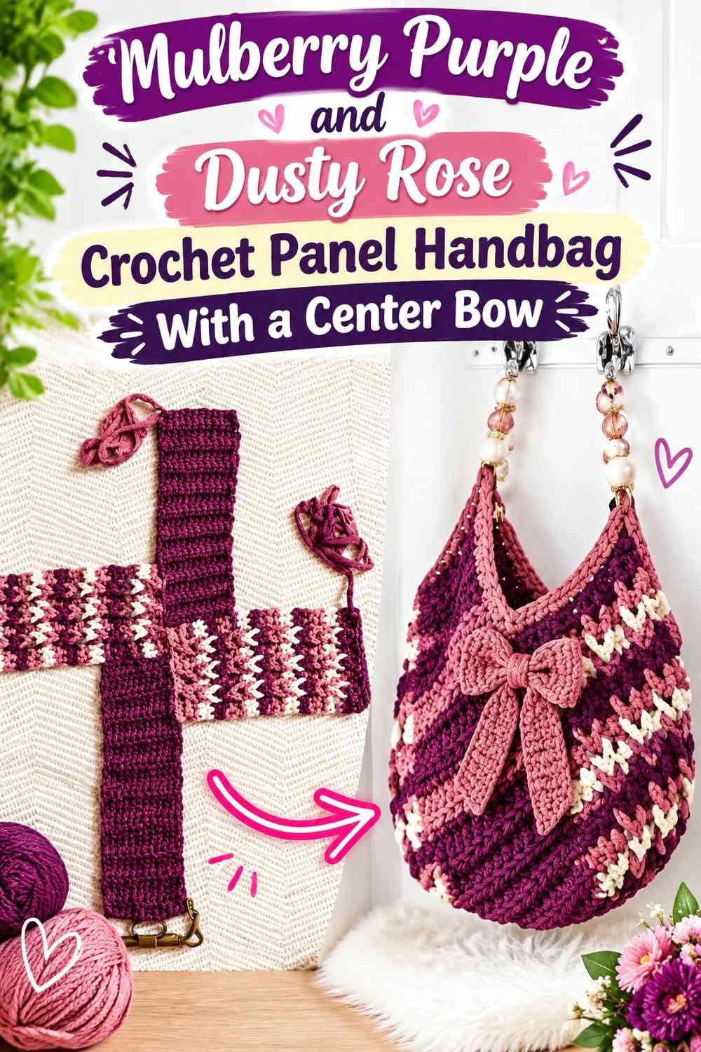 Mulberry Purple and Dusty Rose Crochet Panel Handbag With a Center Bow