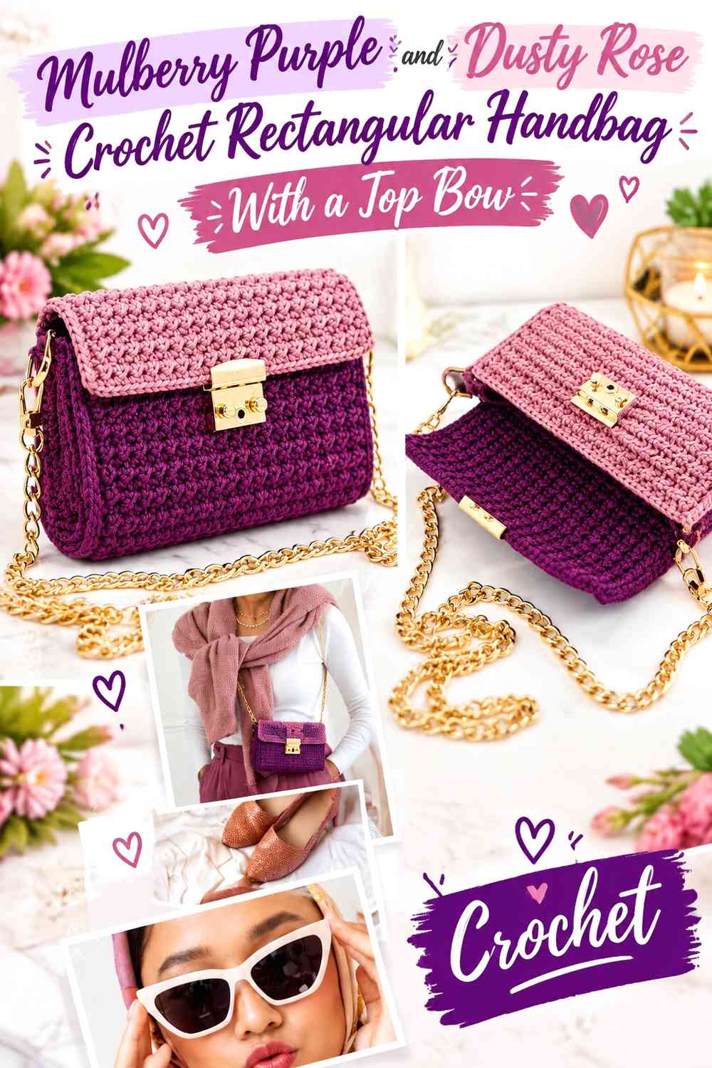Mulberry Purple and Dusty Rose Crochet Rectangular Handbag With a Top Bow
