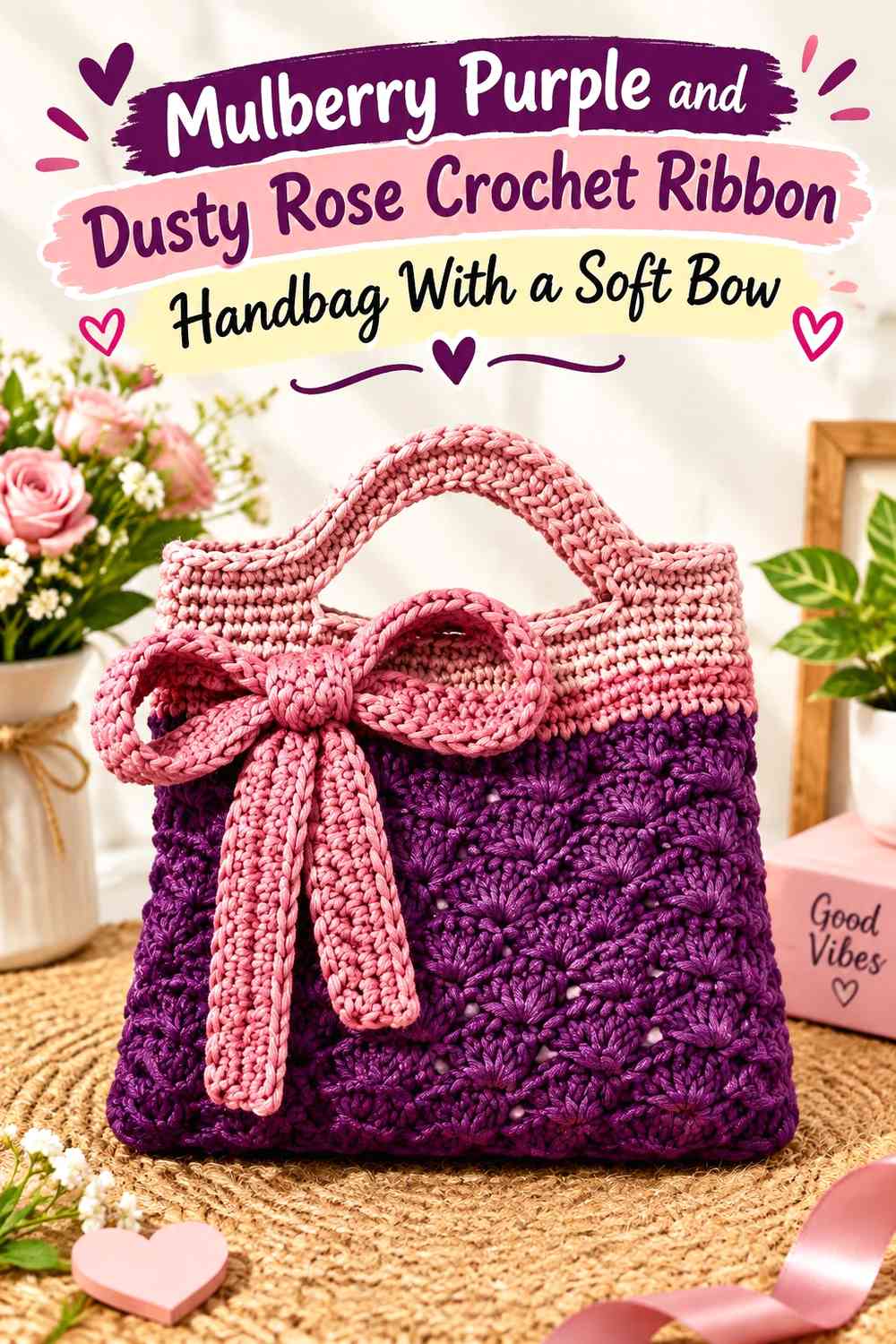 Mulberry Purple and Dusty Rose Crochet Ribbon Handbag With a Soft Bow