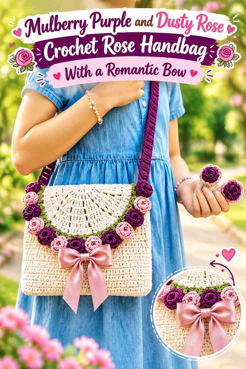 Mulberry Purple and Dusty Rose Crochet Rose Handbag With a Romantic Bow