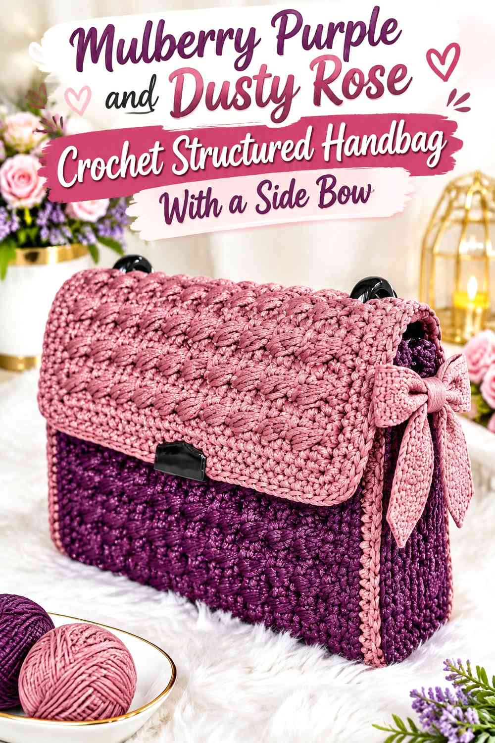 Mulberry Purple and Dusty Rose Crochet Structured Handbag With a Side Bow