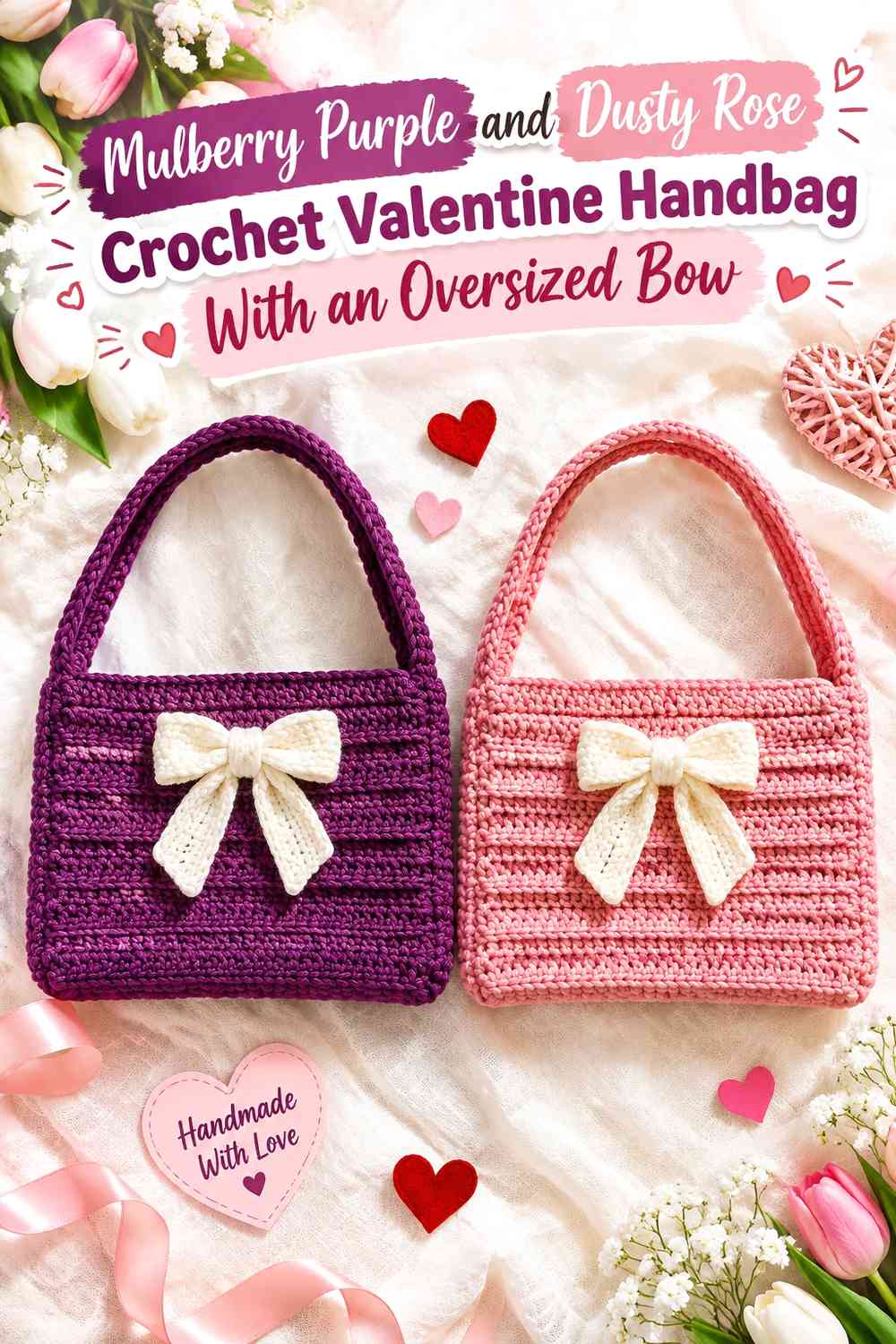 Mulberry Purple and Dusty Rose Crochet Valentine Handbag With an Oversized Bow