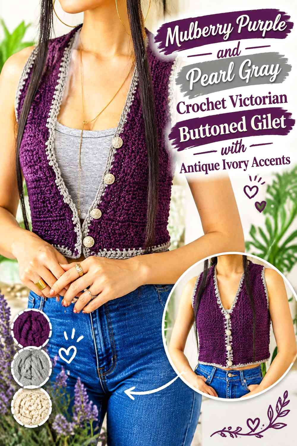 Mulberry Purple and Pearl Gray Crochet Victorian Buttoned Gilet with Antique Ivory Accents