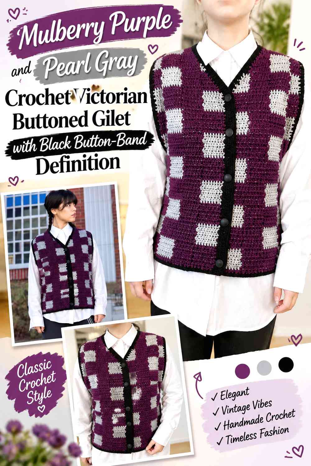 Mulberry Purple and Pearl Gray Crochet Victorian Buttoned Gilet with Black Button-Band Definition