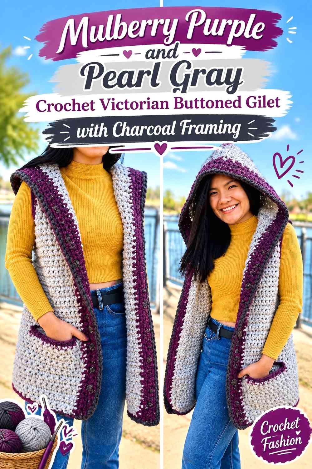 Mulberry Purple and Pearl Gray Crochet Victorian Buttoned Gilet with Charcoal Framing