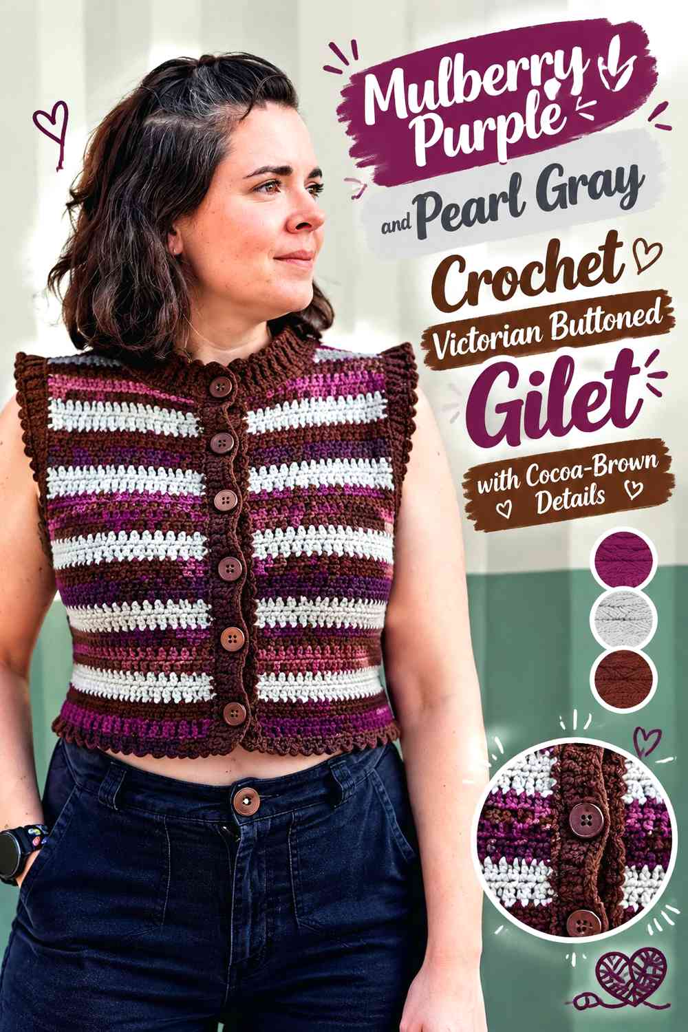 Mulberry Purple and Pearl Gray Crochet Victorian Buttoned Gilet with Cocoa-Brown Details