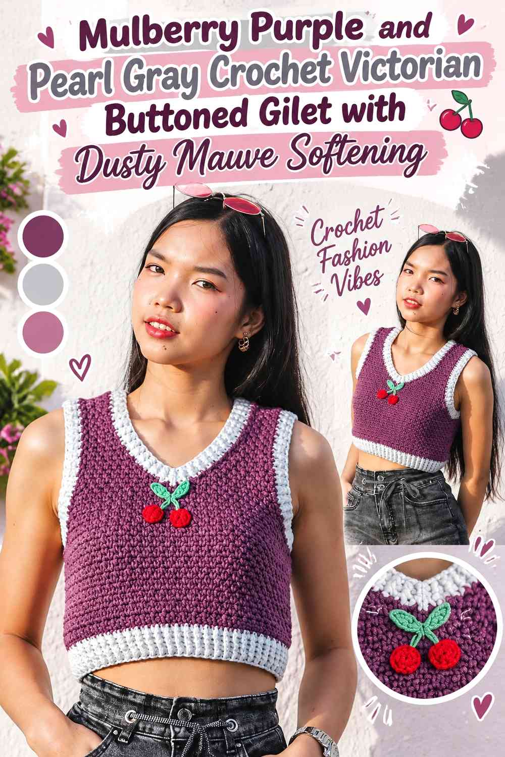Mulberry Purple and Pearl Gray Crochet Victorian Buttoned Gilet with Dusty Mauve Softening
