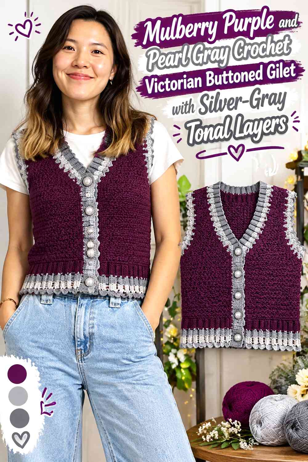 Mulberry Purple and Pearl Gray Crochet Victorian Buttoned Gilet with Silver-Gray Tonal Layers
