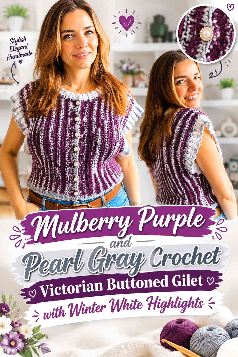 Mulberry Purple and Pearl Gray Crochet Victorian Buttoned Gilet with Winter White Highlights