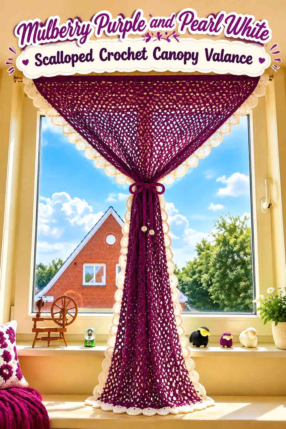 Mulberry Purple and Pearl White Scalloped Crochet Canopy Valance