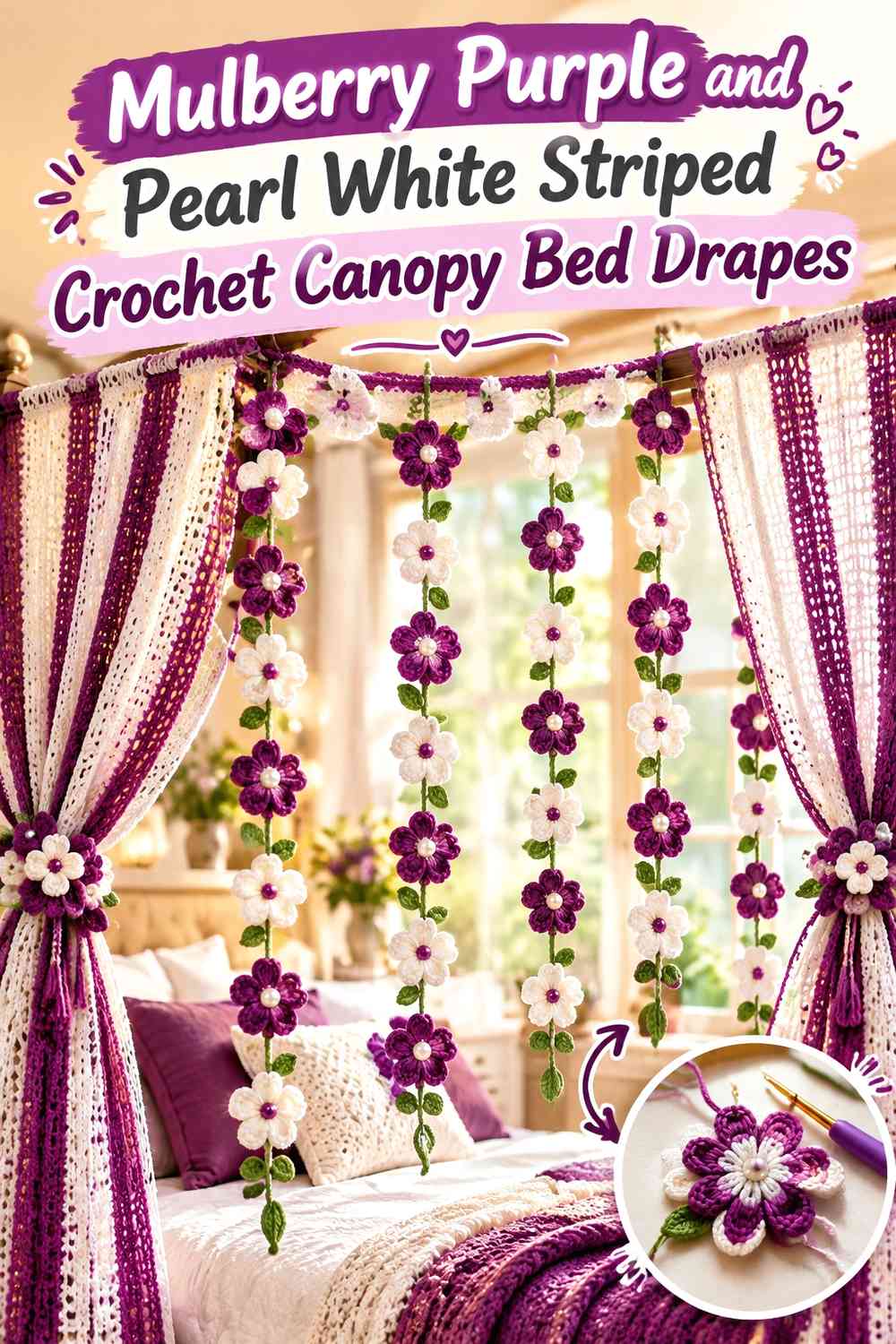 Mulberry Purple and Pearl White Striped Crochet Canopy Bed Drapes