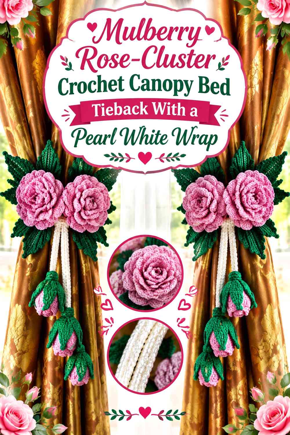 Mulberry Rose-Cluster Crochet Canopy Bed Tieback With a Pearl White Wrap