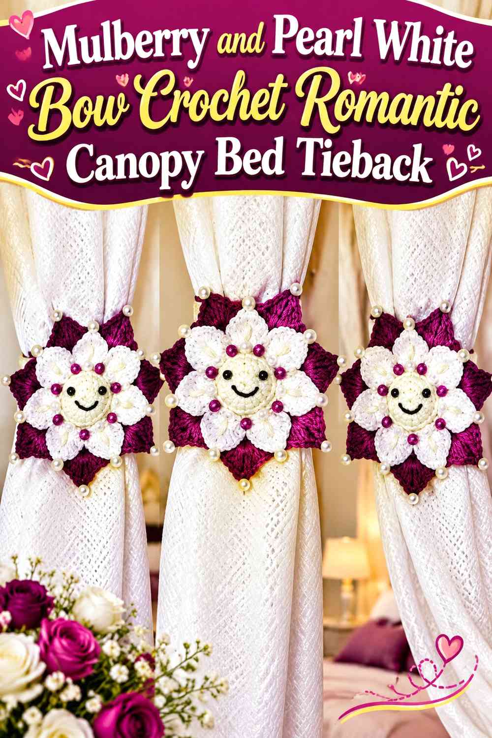 Mulberry and Pearl White Bow Crochet Romantic Canopy Bed Tieback