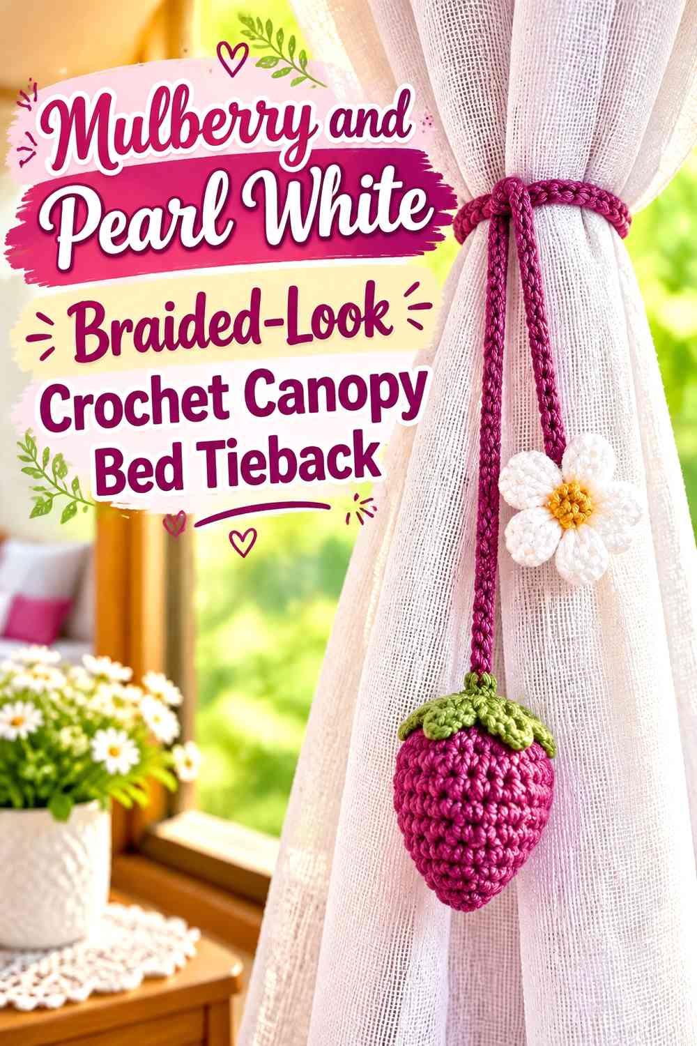 Mulberry and Pearl White Braided-Look Crochet Canopy Bed Tieback