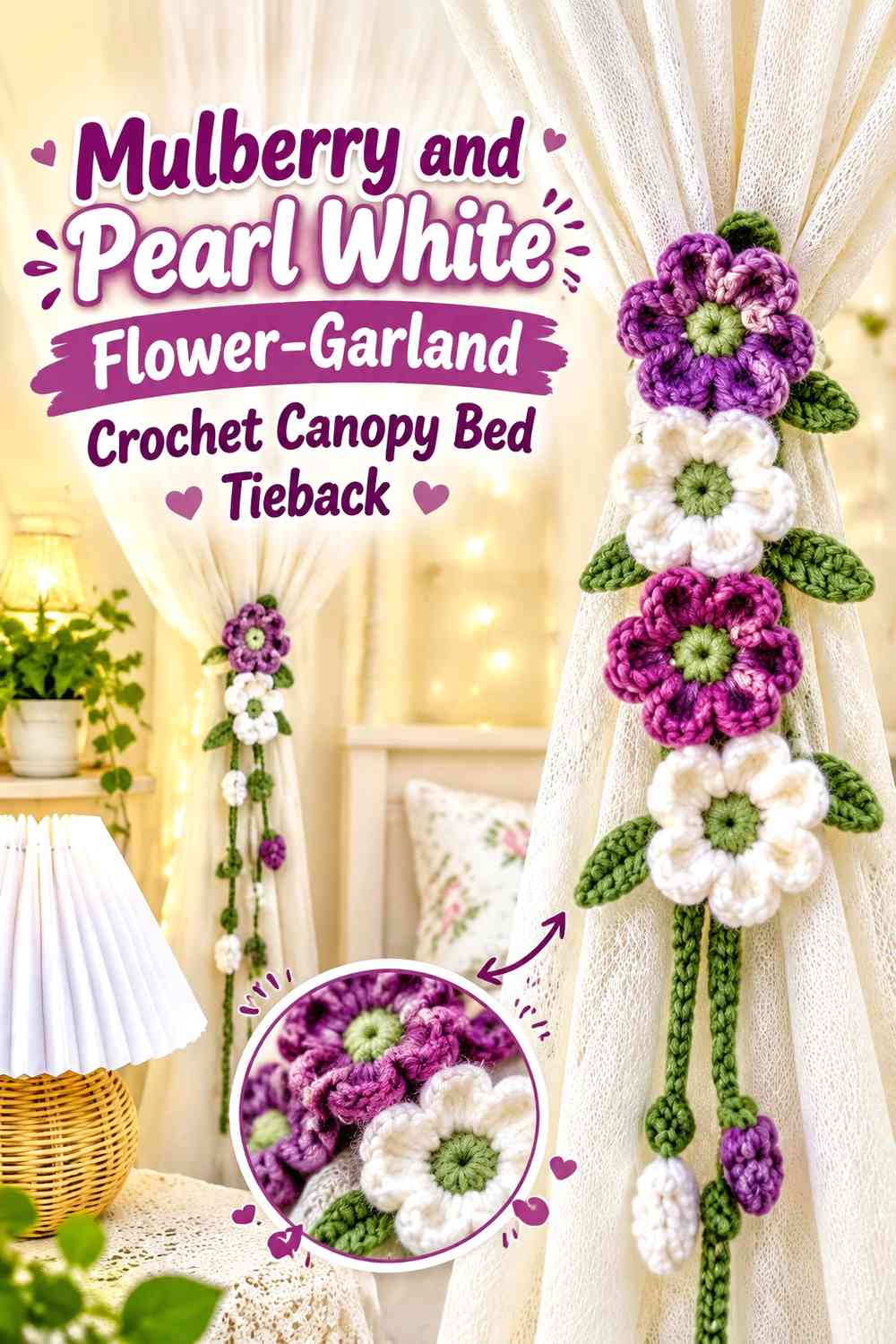 Mulberry and Pearl White Flower-Garland Crochet Canopy Bed Tieback