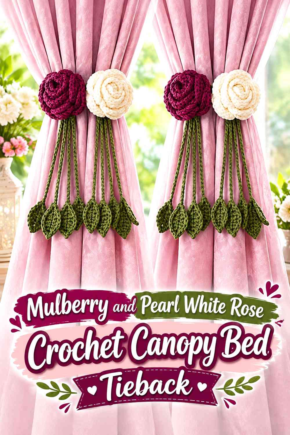 Mulberry and Pearl White Rose Crochet Canopy Bed Tieback