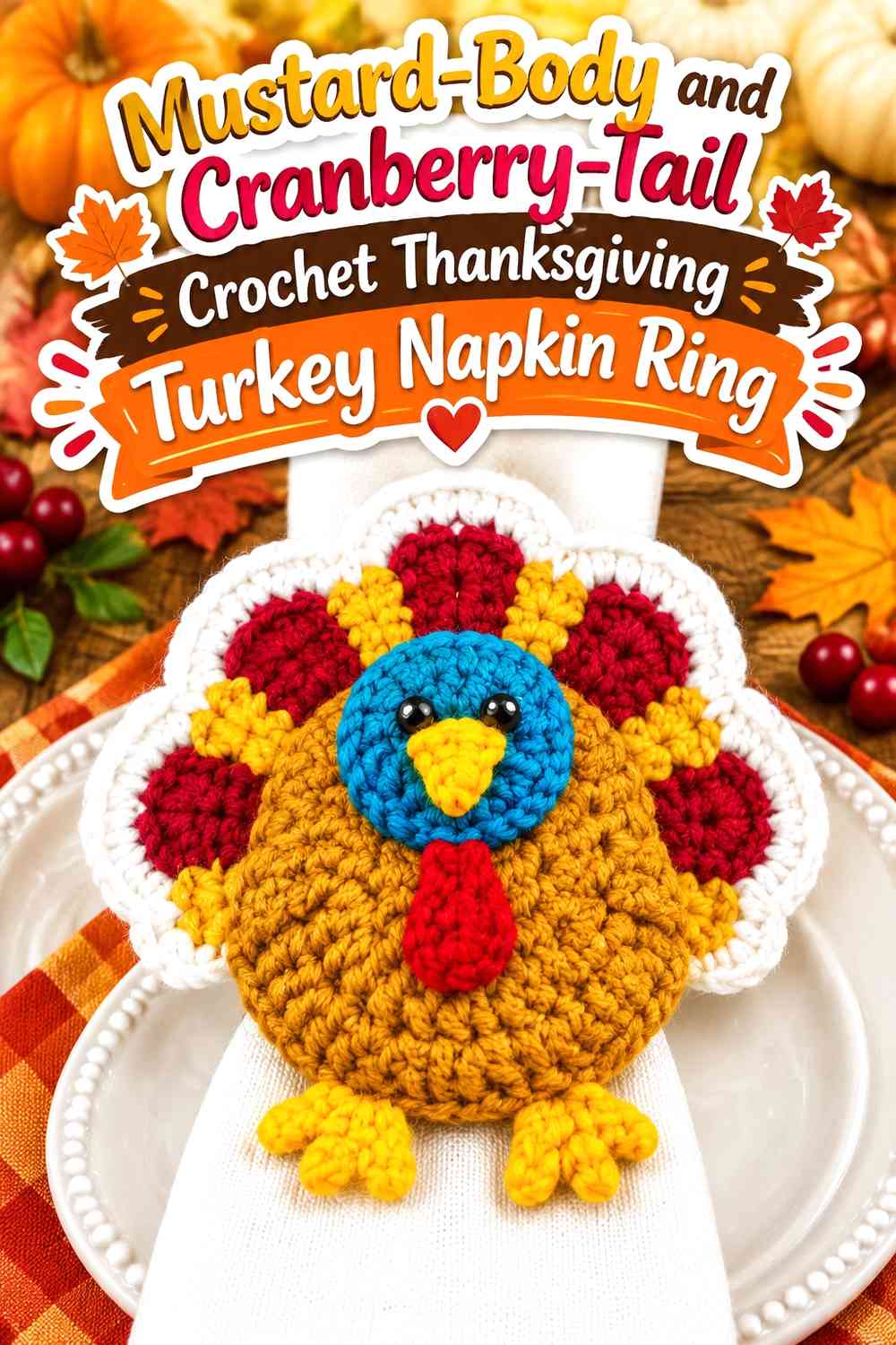 Mustard-Body and Cranberry-Tail Crochet Thanksgiving Turkey Napkin Ring