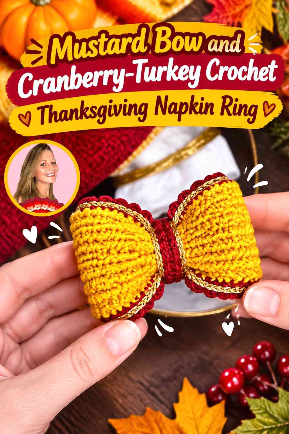 Mustard Bow and Cranberry-Turkey Crochet Thanksgiving Napkin Ring