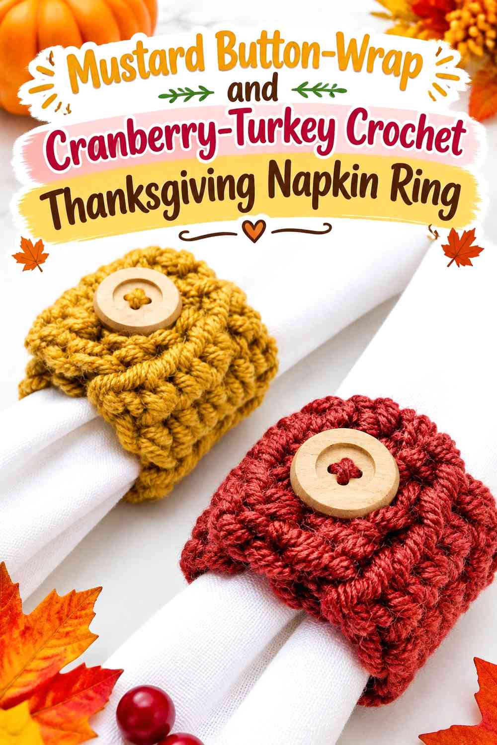 Mustard Button-Wrap and Cranberry-Turkey Crochet Thanksgiving Napkin Ring