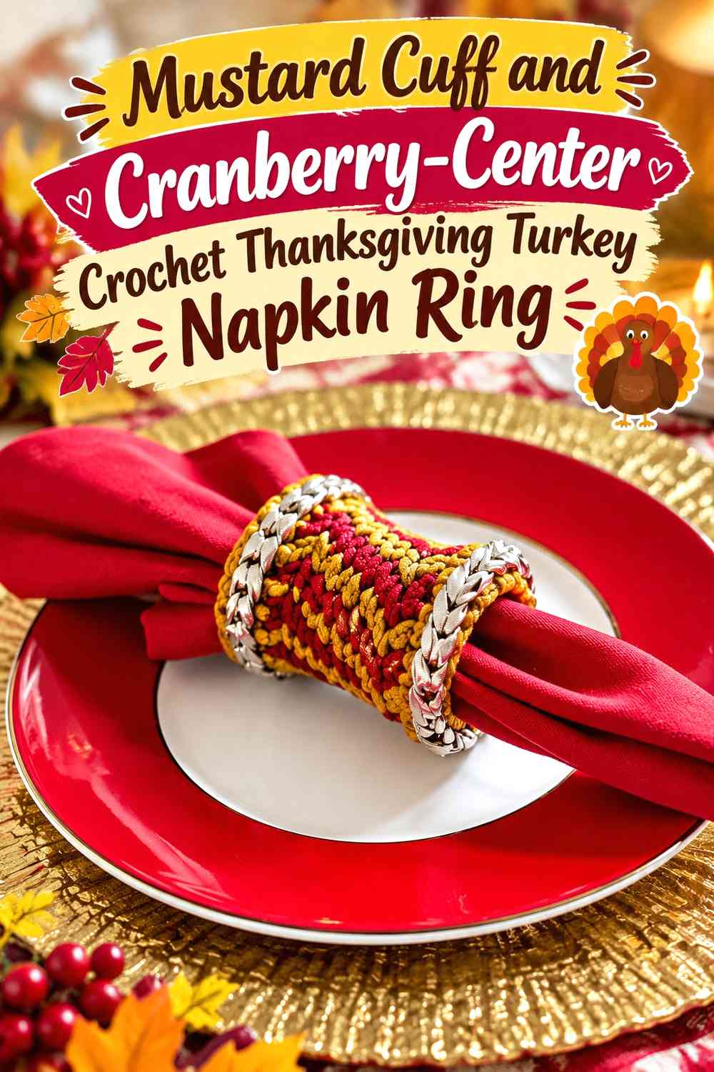 Mustard Cuff and Cranberry-Center Crochet Thanksgiving Turkey Napkin Ring