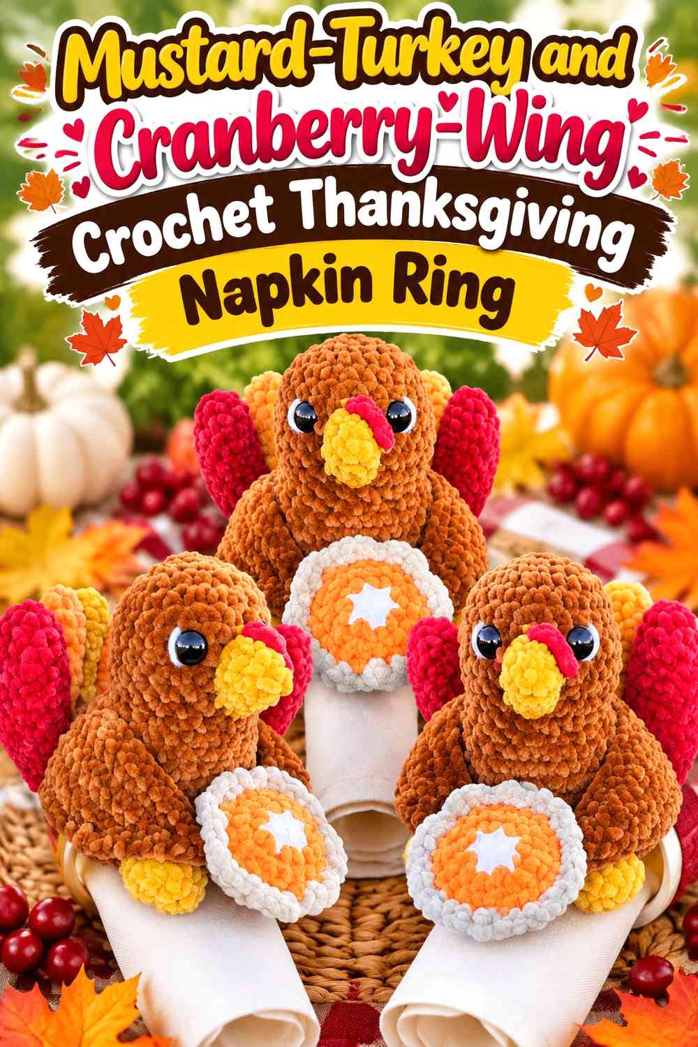 Mustard-Turkey and Cranberry-Wing Crochet Thanksgiving Napkin Ring