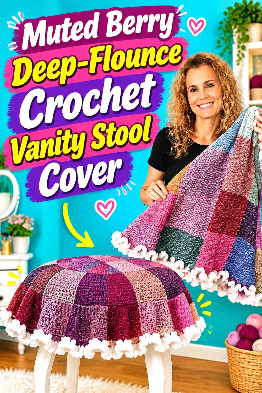 Muted Berry Deep-Flounce Crochet Vanity Stool Cover