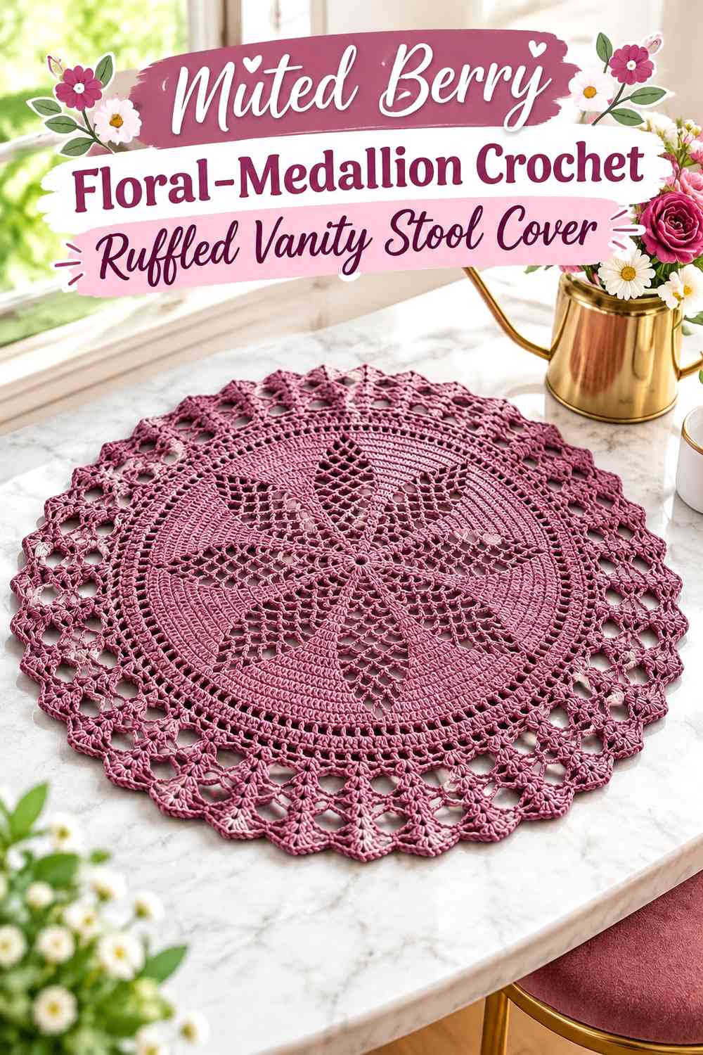 Muted Berry Floral-Medallion Crochet Ruffled Vanity Stool Cover