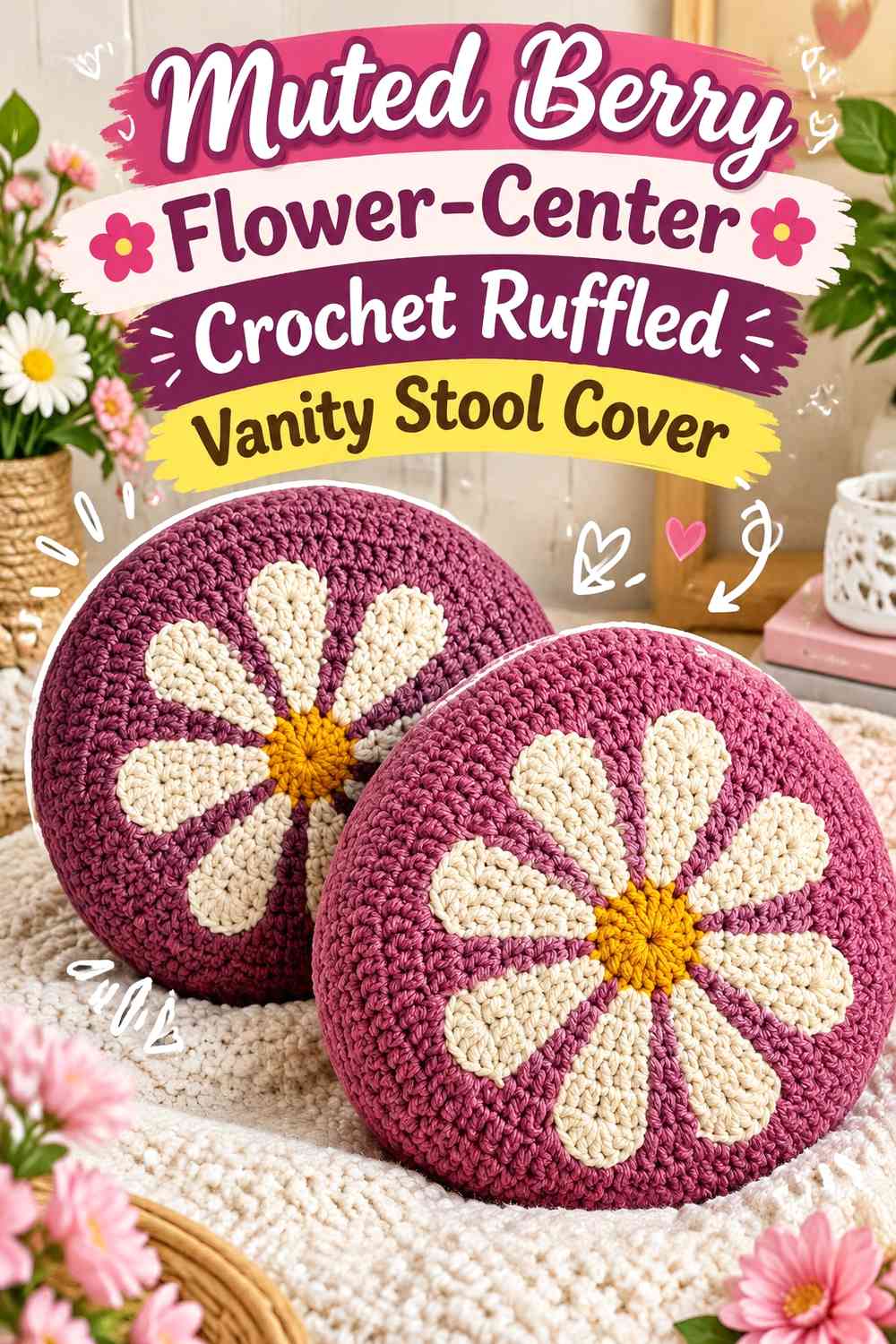 Muted Berry Flower-Center Crochet Ruffled Vanity Stool Cover